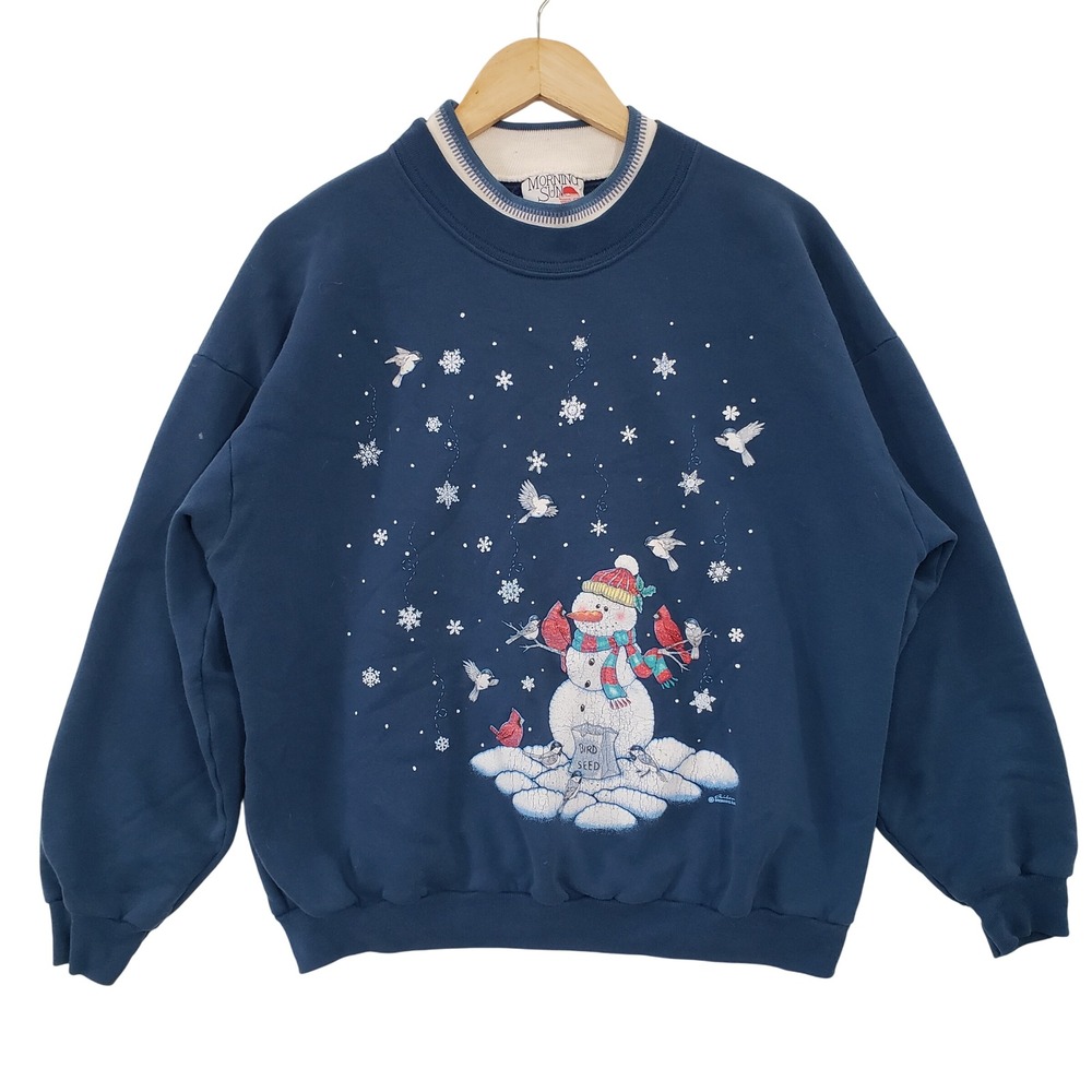 Vintage Morning Sun Snowman Cardinal‎ Bird Winter Holiday Embroidered Sweatshirt